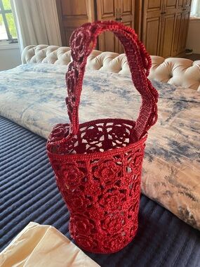 Sezane Red Crochet Floral Bucket Shoulder Bag